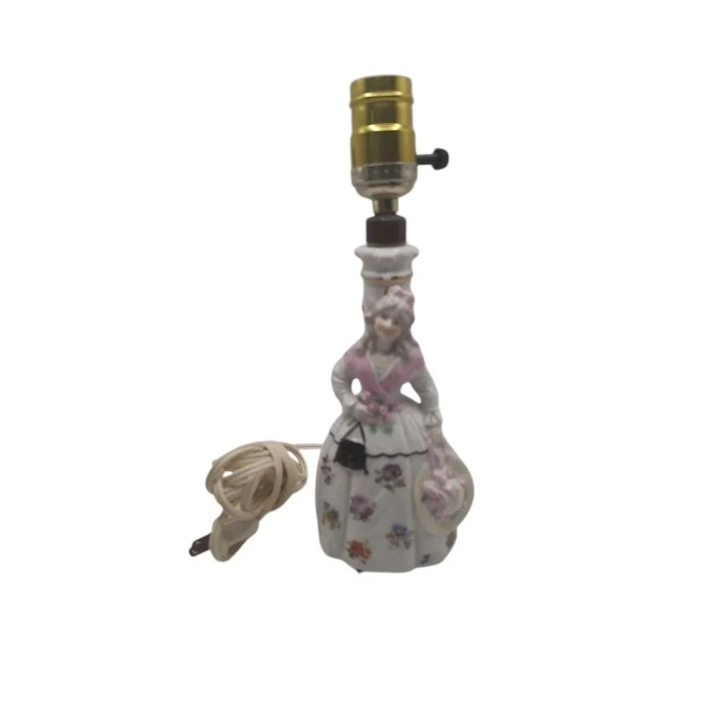Vintage Dresden Porcelain Desk Lamp Colonial Lady‎ Floral Dress 1950s Works SEE